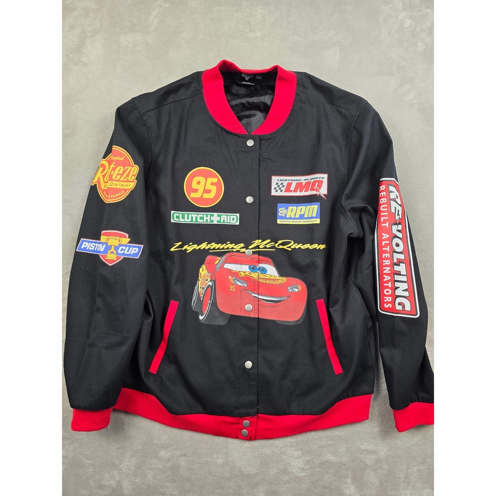 Disney Cars Snap Bomber Jacket Womens Large Black Lightning McQueen Racing Movie